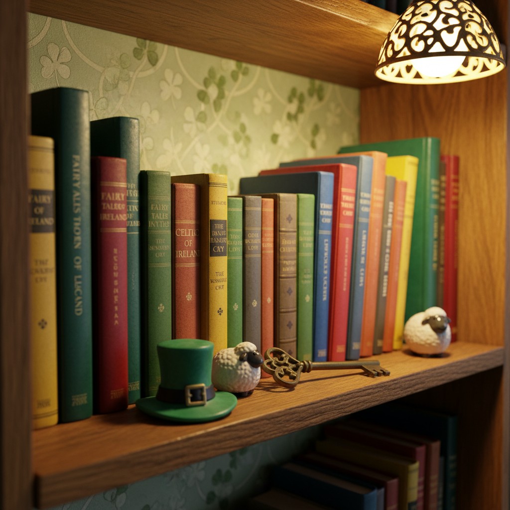 A bookshelf holding a row of colorful books, a green top hat, an antique key and a sheep figurine.