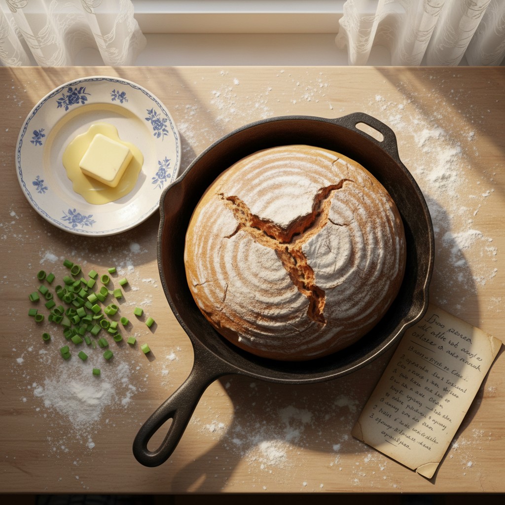 A round loaf of bread in a black cast-iron pan lies on a woodgrain table, topped with multiple sugar or flour lines in a c...