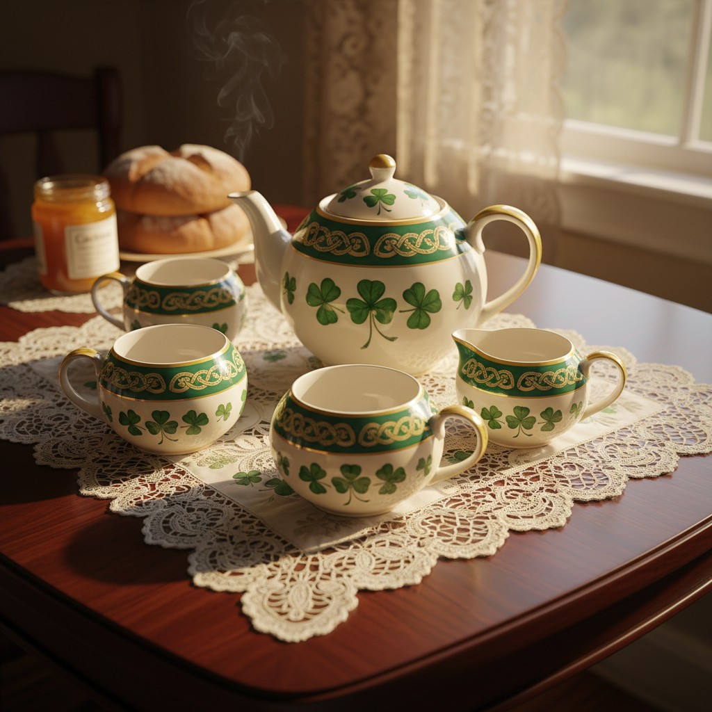 A set of four deeply engrossing clover-design tea cups, with a matching tea knick-knack or tea kettle, present a harmoniou...