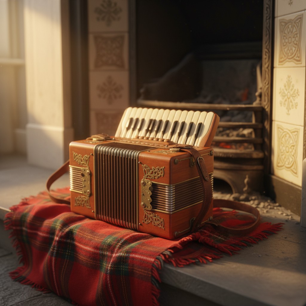 A classic button accordion sitting on a red plaid blanket in front of a fireplace.